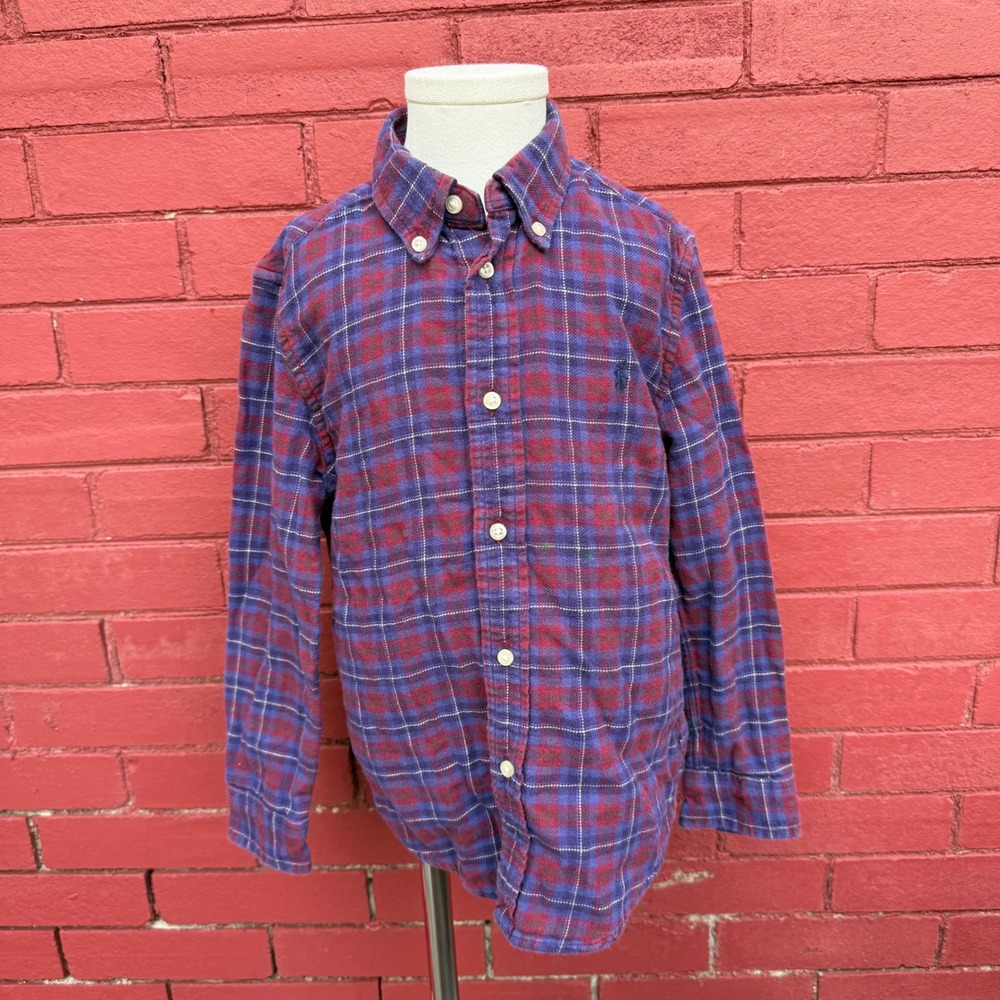 Ralph Lauren Kids Size 6‎ Purple Red Plaid Flannel Button Down Shirt Long Sleeve